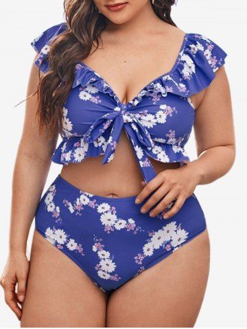 Plus Size Flounce Bowknot Padded Floral Peplum Tankini Set Swimsuit - BLUE - 3XL