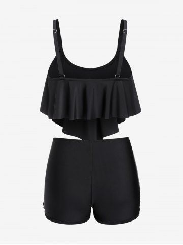 Plus Size Crisscross Flounce Boyleg Overlay Tankini Swimsuit