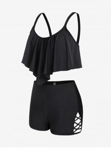 Plus Size Crisscross Flounce Boyleg Overlay Tankini Swimsuit - BLACK - M | US 10