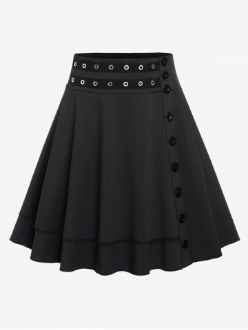 Plus Size Grommets Buttoned Skater Skirt - BLACK - L | US 12