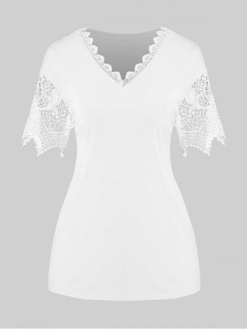 Plus Size V Neck Guipure Lace Panel T-shirt - WHITE - 3XL