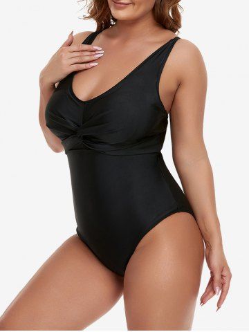 Plus Size Twist Ruched Backless Padded High Leg One-piece Swimsuit - BLACK - 2XL