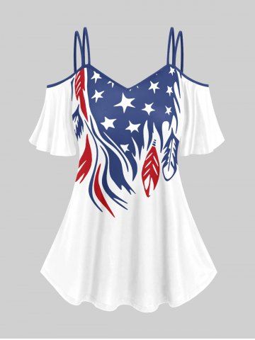 Plus Size Patriotic American Flag Printed Cold Shoulder T-Shirt - WHITE - M | US 10