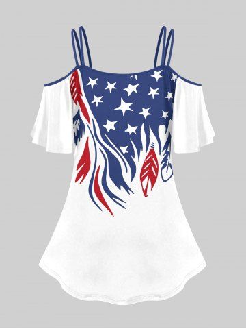 Plus Size Patriotic American Flag Printed Cold Shoulder T-Shirt