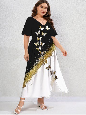 Plus Size V-Neck Sparkling Sequin And Butterfly Printed Split Dress - BLACK - 4X | US 26-28