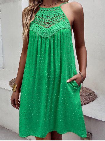 Swiss Dot Guipure Lace Panel Swing Mini Cami Tent Dress - GREEN - M