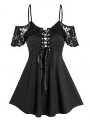 Cold Shoulder Short Lace Sleeve Lace Up Empire Waist Skirted T Shirt -  
