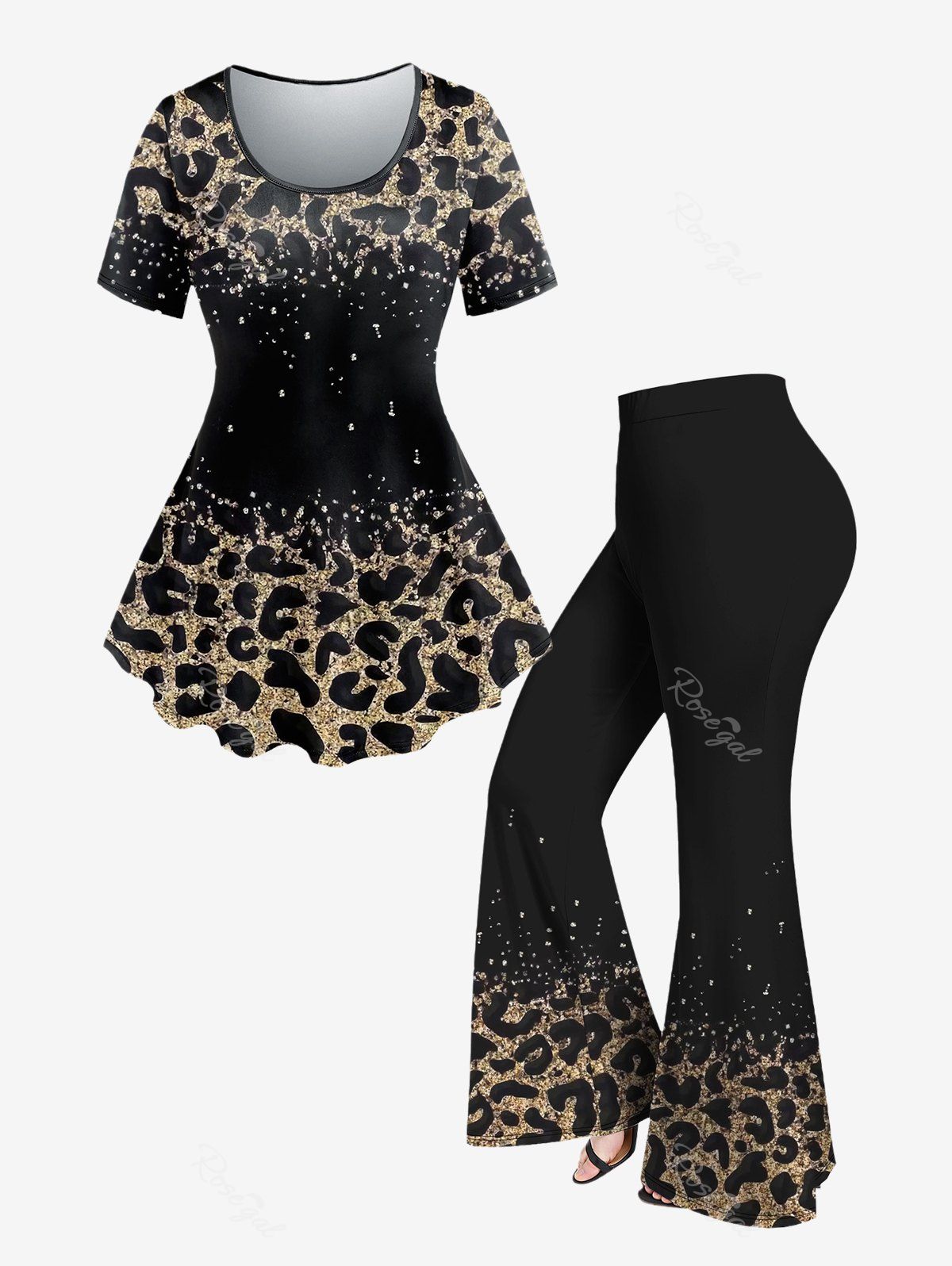 Unique Plus Size 3D Leopard Printed Round Neck Short Sleeve T-Shirt and 3D Light Leopard Printed Flare Pants Outfit  