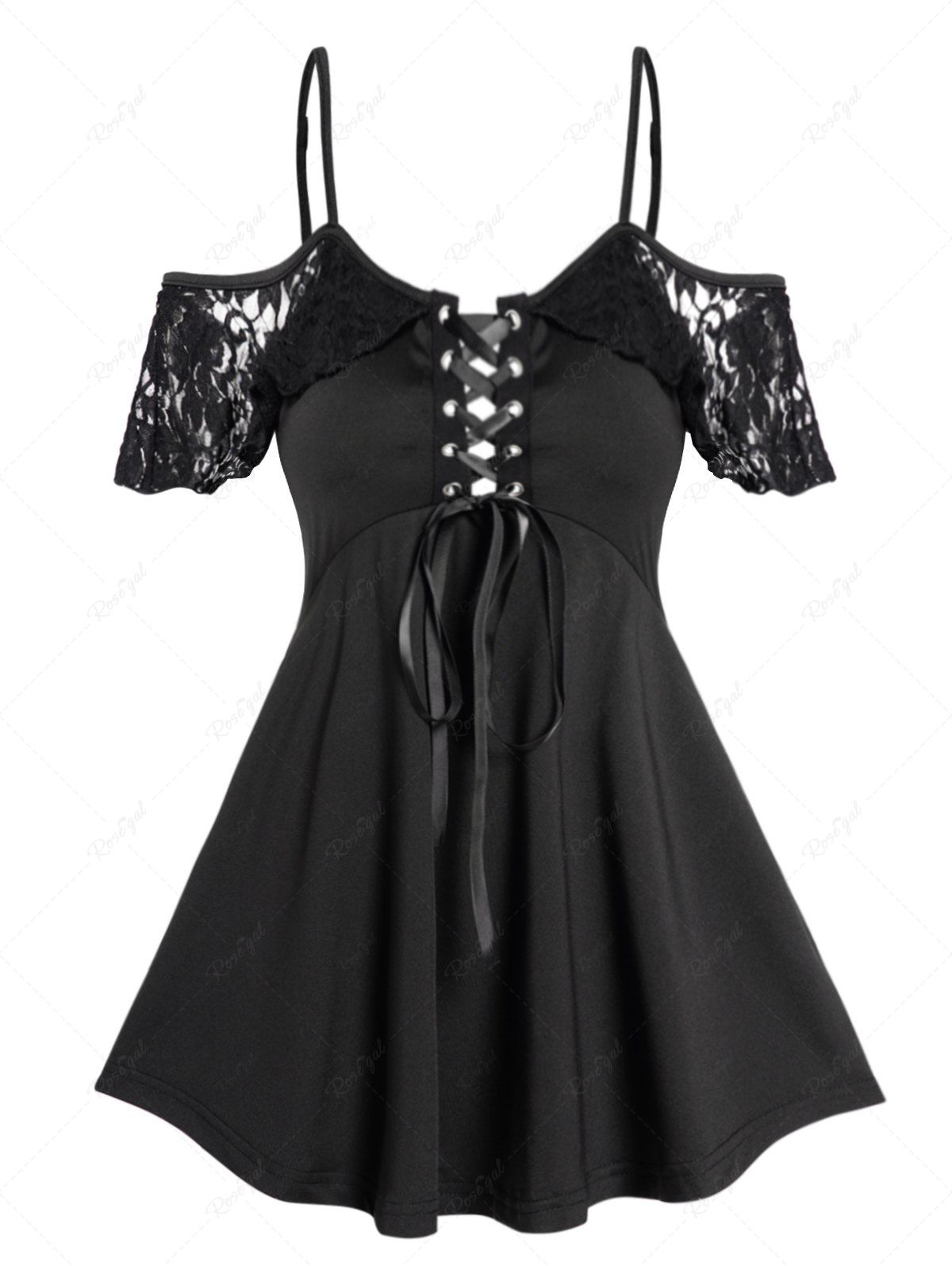 Outfits Cold Shoulder Short Lace Sleeve Lace Up Empire Waist Skirted T Shirt  