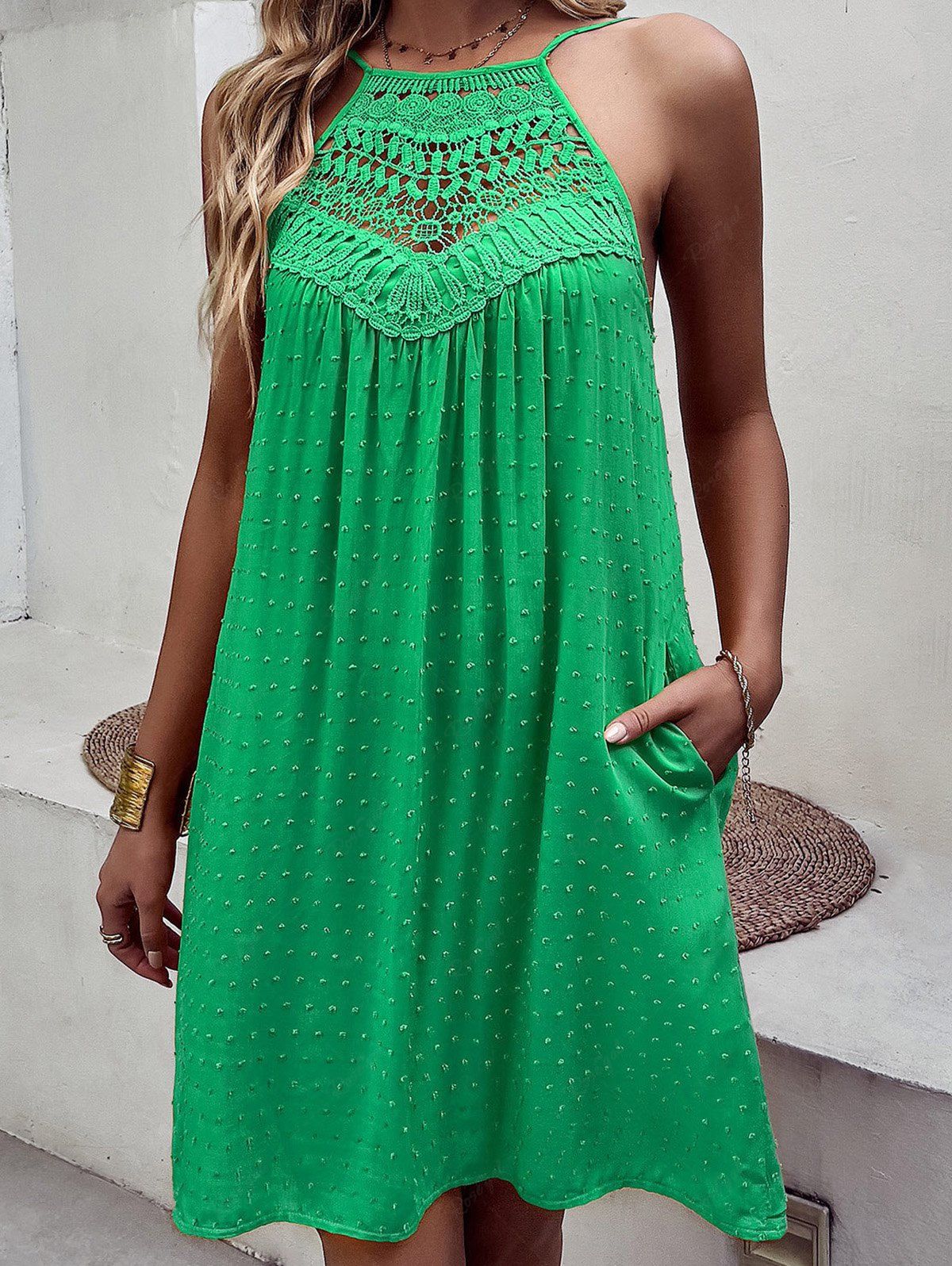 Buy Swiss Dot Guipure Lace Panel Swing Mini Cami Tent Dress  