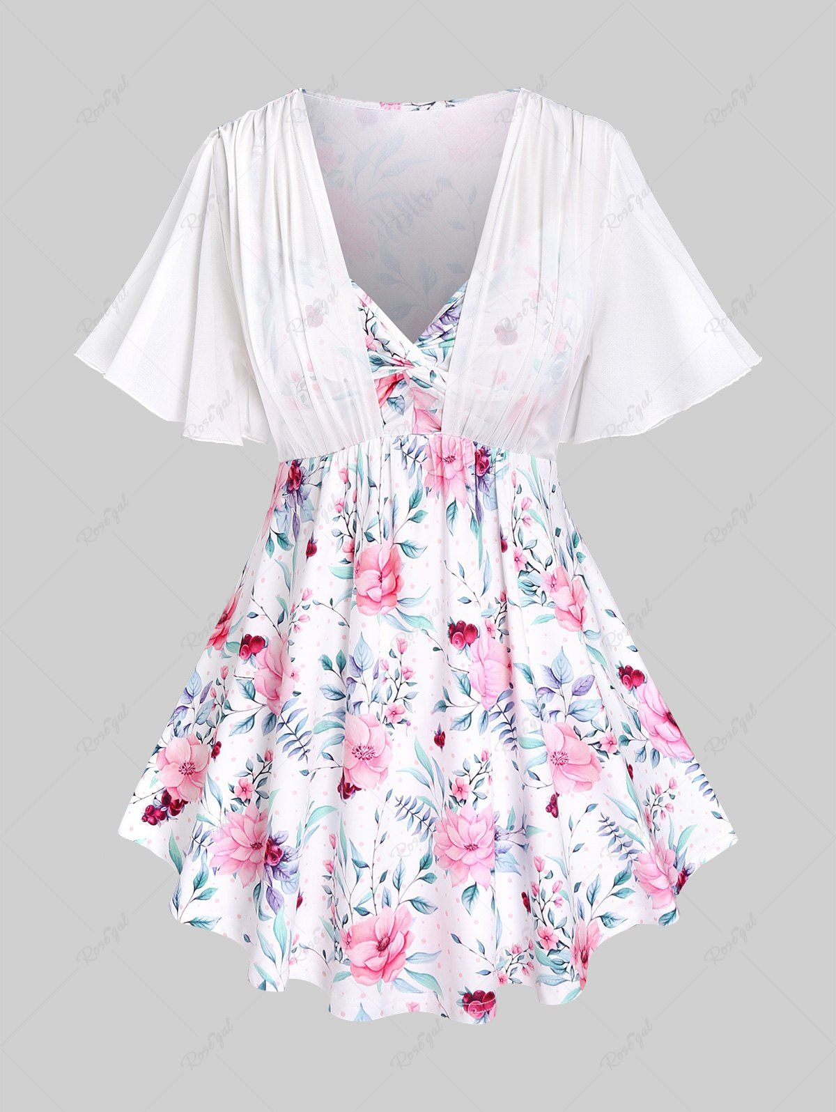 Outfits Plus Size Cottagecore Mesh Panel Flutter Sleeves Twist Floral T-shirt  