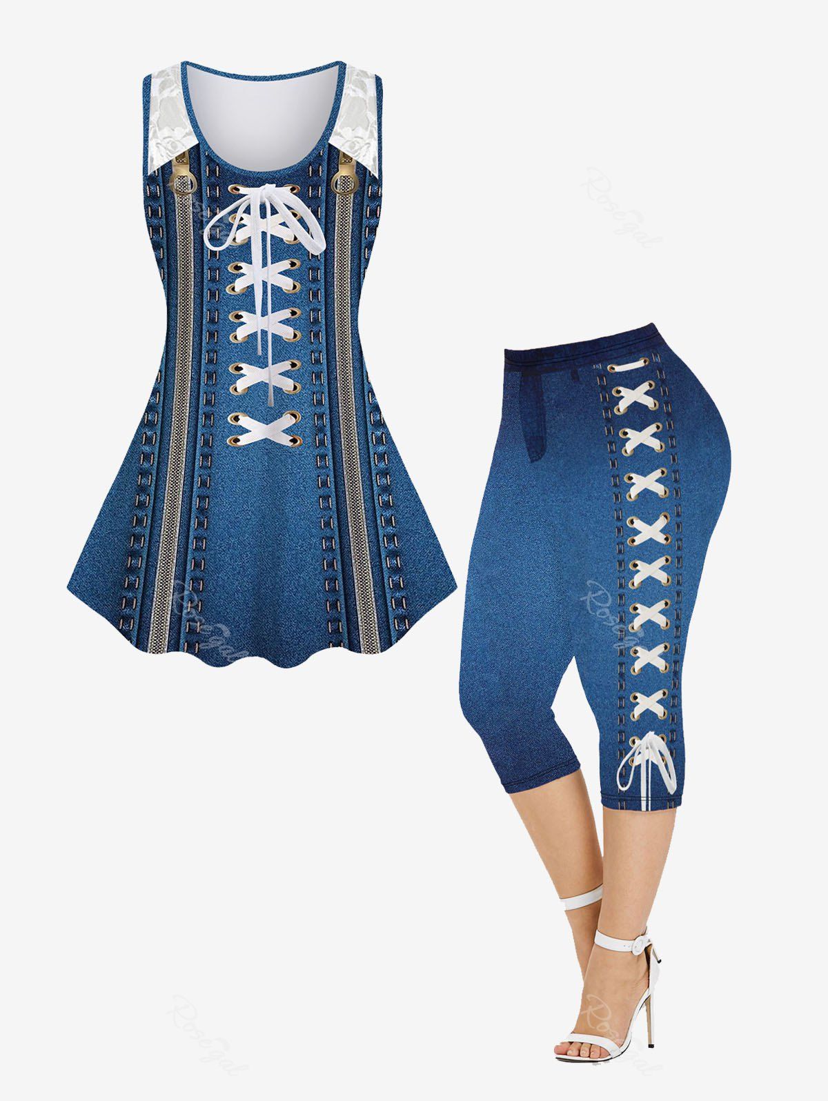 Outfits Lace Panel 3D Jean Zip Lace-up Print Tank Top and Jeggings Plus Size Matching Set  