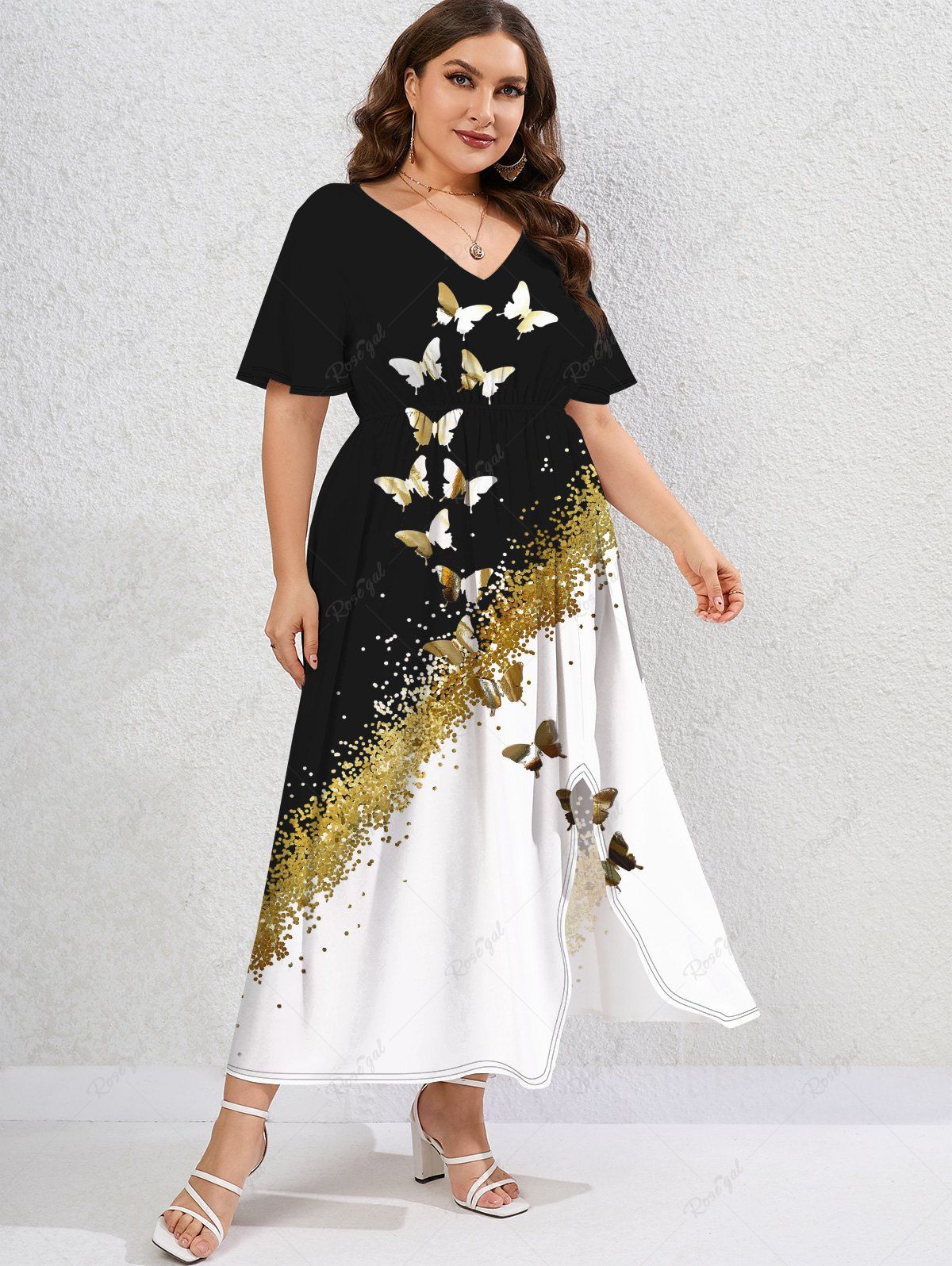 Robe Brillante Fendue Papillon Imprimé de Grande Taille à Paillettes Noir 5x | US 30-32