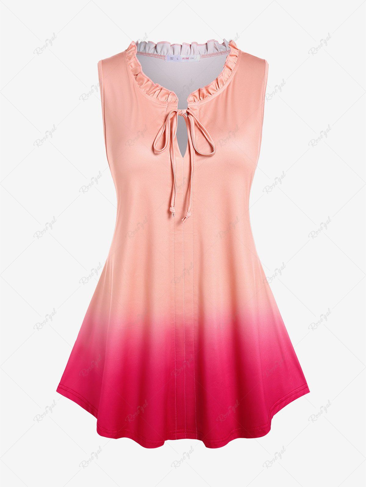 Hot Plus Size Ruffles Collar Ombre Tank Top with Tie  