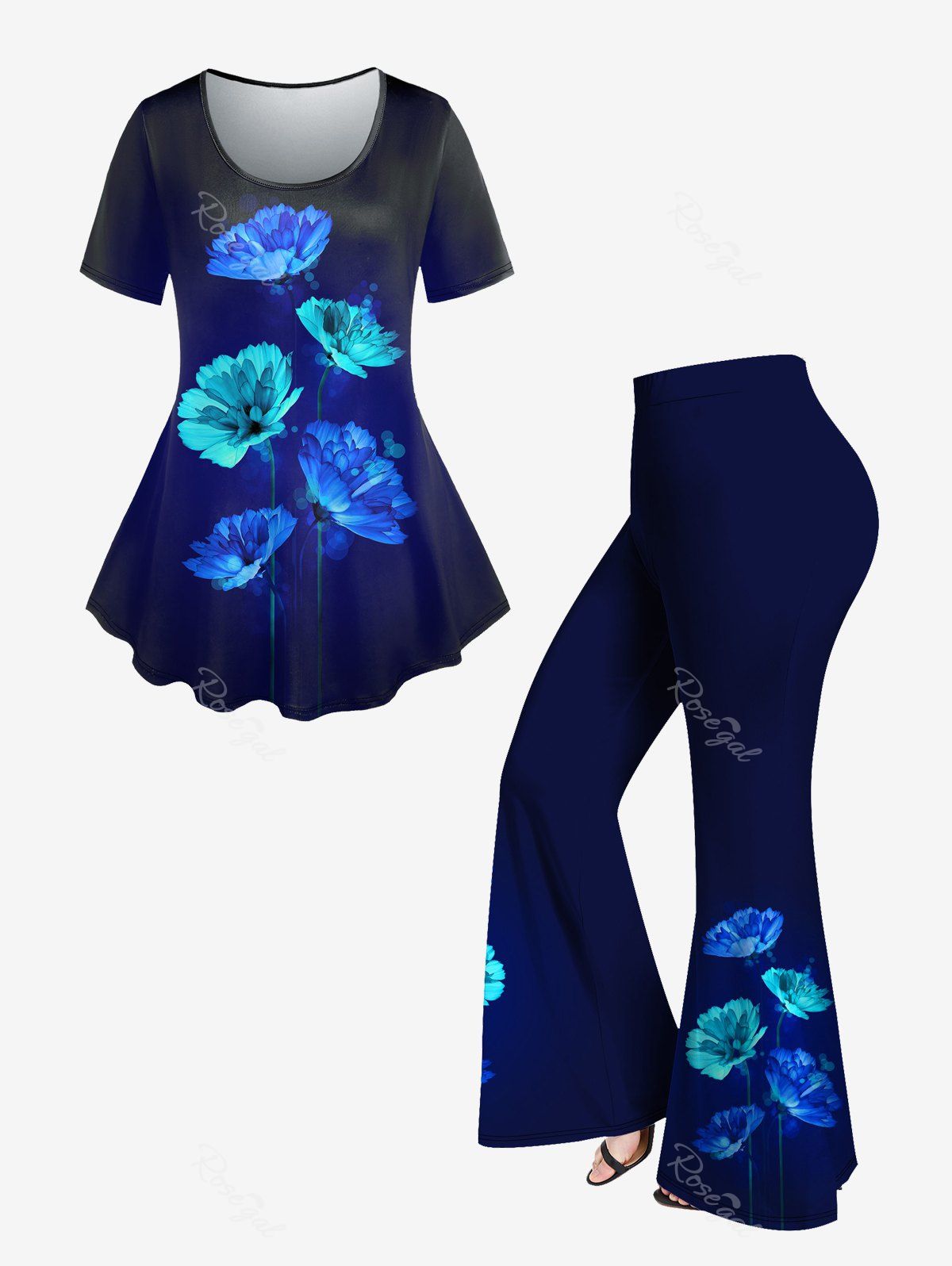 T-shirt 3D Fleur Brillant Imprimé à Manches Courtes et Pantalon Evasé de Grande Taille Bleu 