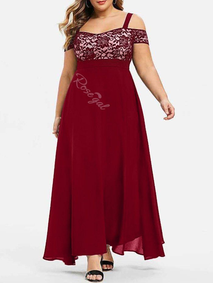 Trendy Plus Size Lace Panel Chiffon Open Shoulder Maxi Semi Formal Dress  