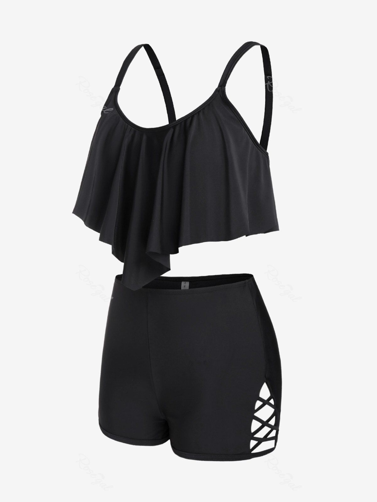 Affordable Plus Size Crisscross Flounce Boyleg Overlay Tankini Swimsuit  
