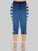Lace Panel 3D Jean Zip Lace-up Print Tank Top and Jeggings Plus Size Matching Set -  