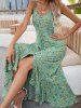 Robe Fourreau Haute Basse Boutonnée à Imprimé Fleurie à Volants - Vert S