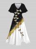 Plus Size V-Neck Sparkling Sequin And Butterfly Printed Split Dress -  