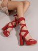 Platform Lace Up Chunky Heel Faux Suede Strappy Sandals -  