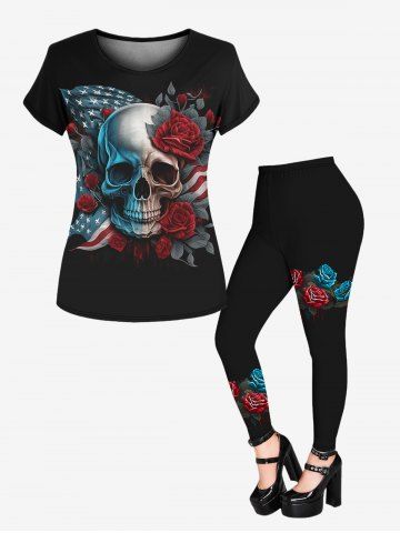 Gothic 3D American Flag And Skull Rose Printed T-Shirt and 3D Rose Printed Jeggings Outfit - BLACK