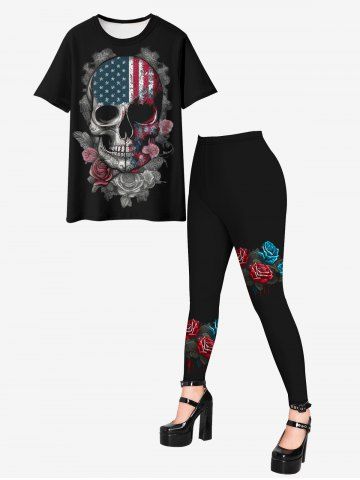 Gothic Patriotic American Flag Skull Rose Print T-shirt And Gothic 3D Rose Printed Leggings Gothic Outfit