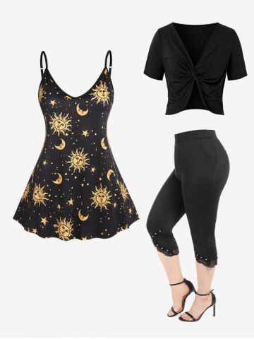 Sun Moon Print Tank Top + Twist Crop Top + Capri Pants Plus Size Summer Outfit - BLACK