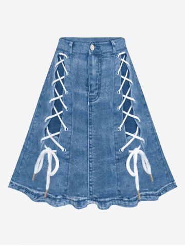 Plus Size 3D Jeans Lace Up Printed Skirt - BLUE - S | US 8
