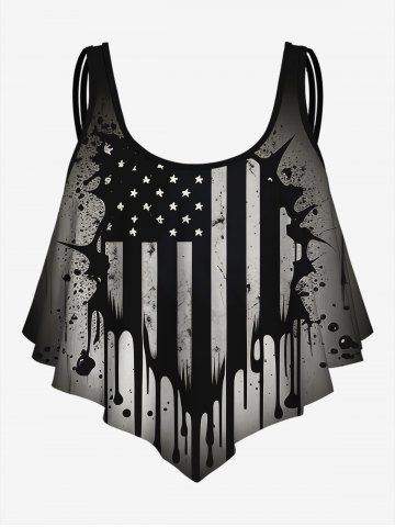 Gothic Distressed American Flag Print Flounce Bikini Top - BLACK - M