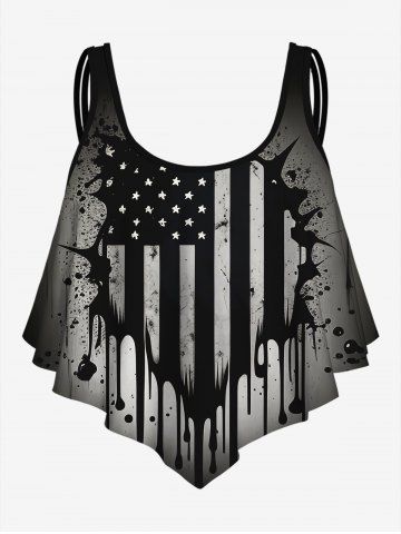 Gothic Distressed American Flag Print Flounce Bikini Top - BLACK - L