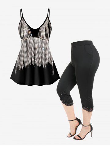 3D Sparkles Rhinestones Tassels Printed Tank Top and Lace Panel Pants Plus Size Summer Outfit - BLACK