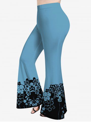 Plus Size Floral Print Flare Pants - BLUE - L | US 12