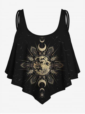 Galaxy Moon Print Flounce Tankini Top - BLACK - 8X