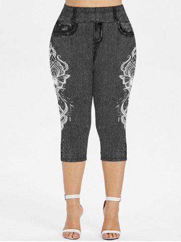 Plus Size 3D Lace-up Jeans Printed Capri Jeggings