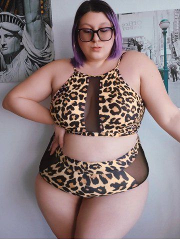 Plus Size Leopard Print Mesh Panel Backless Padded Tankini Swimsuit - COFFEE - L