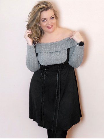Plus Size Lace Up Cable Knit Panel Off The Shoulder Dress - GRAY - 5X | US 30-32