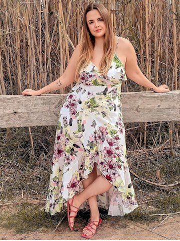 Plus Size & Curve Cottagecore Floral Flounce High Low Maxi Sundress - WHITE - 3X | US 22-24