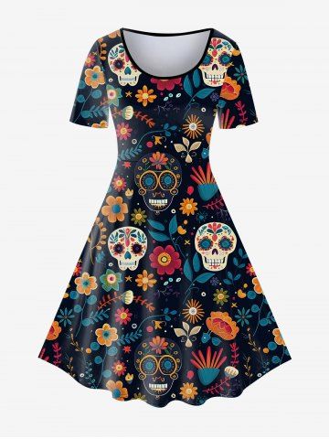 Gothic Skull Allover Print A Line Tee Dress - MULTI-A - 3X | US 22-24