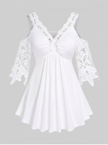 Camiseta de Hombros Al Aire con Panel de Encaje Hueca de Talla Grande - WHITE - L | US 12