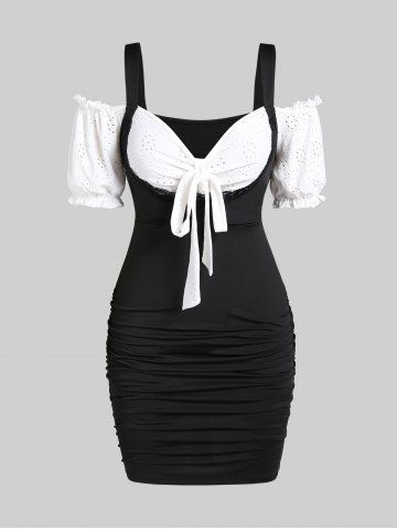 Plus Size Broderie Anglaise Ruffles Open Shoulder Bodycon Dress with Bowknot