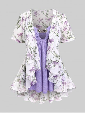 Plus Size Metal Decor Cami Top and Lace Panel Floral Chiffon Draped Ruffle Kimono Set