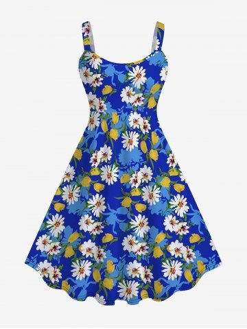 Plus Size Little Daisy Flower Printed Backless Sundress - BLUE - 4X | US 26-28