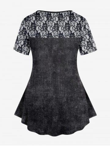 Plus Size 3D Jeans Lace Butterfly Printed Short Sleeves Tee