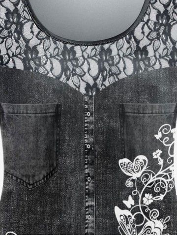 Plus Size 3D Jeans Lace Butterfly Printed Short Sleeves Tee