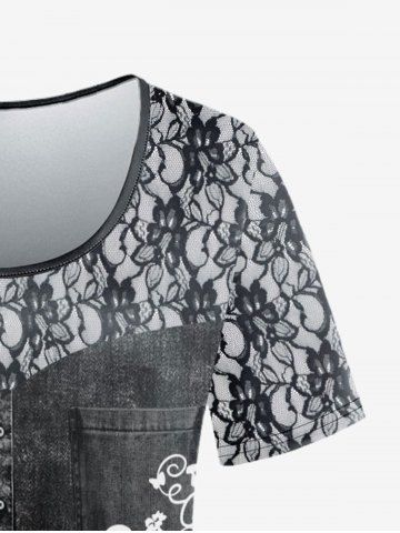 Plus Size 3D Jeans Lace Butterfly Printed Short Sleeves Tee