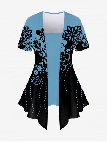 Camiseta de Talla Extra de Estampado Floral de 2 en 1 - BLUE - 5X | US 30-32