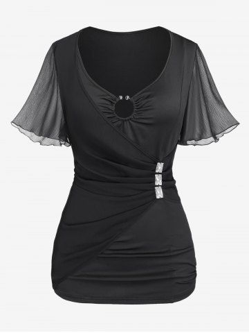 Plus Size Mesh Panel Flutter Sleeves Metal Embellished 2 in 1 Tee - BLACK - L | US 12