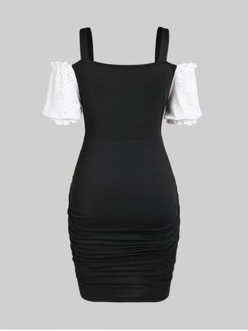 Plus Size Broderie Anglaise Ruffles Open Shoulder Bodycon Dress with Bowknot