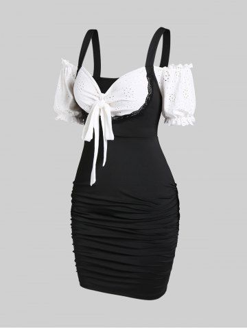 Plus Size Broderie Anglaise Ruffles Open Shoulder Bodycon Dress with Bowknot